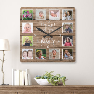 12 Photo Collage Time With Family Quote Wood Square Wall Clock