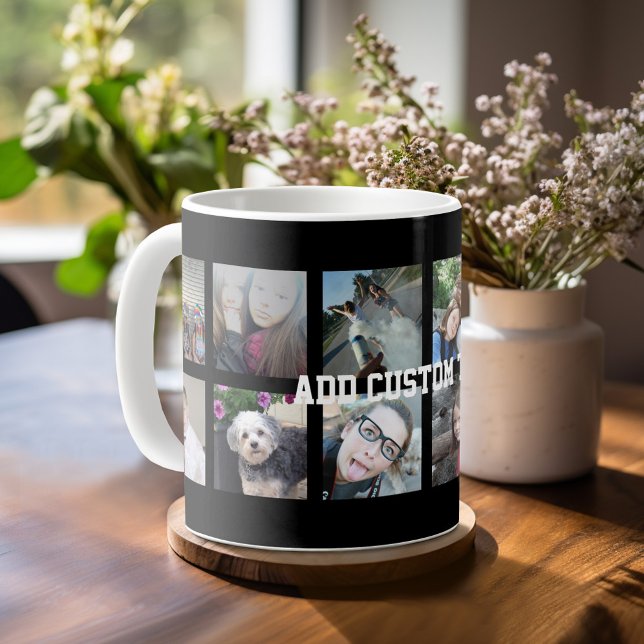 12 Photo Collage with Black Background Coffee Mug (Mug template with 12 photos and a Text Block)