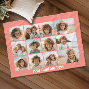 12 Photo Collage with Coral Peach and Text Fleece Blanket