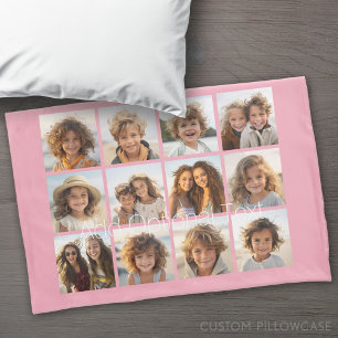 12 Photo Collage with Custom Background Pink Pillowcase