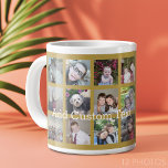 12 Photo Collage with Gold Background Large Coffee Mug<br><div class="desc">Add your favourite pics to this fun template. You can use Instagram photos or any photos for this grid.</div>