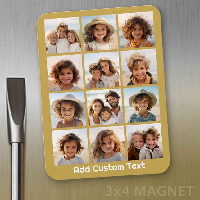 12 Photo Collage with Gold Background Magnet (Personalized refrigerator magnet with photo collage and custom text - add 12 photos to this design)