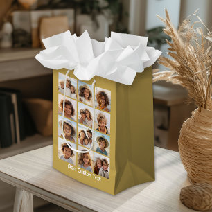 12 Photo Collage with Gold Background Medium Gift Bag
