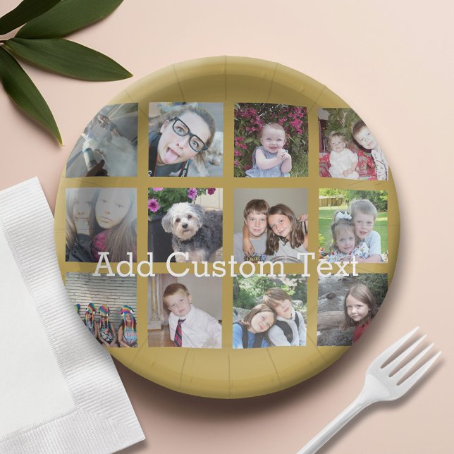 12 Photo Collage with Gold Background Paper Plate (Custom Paper Plate)