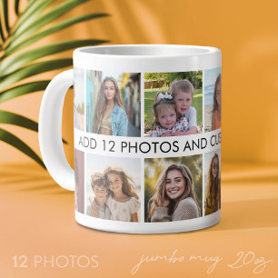 12 Photo Collage with One Line of Text in Centre Large Coffee Mug