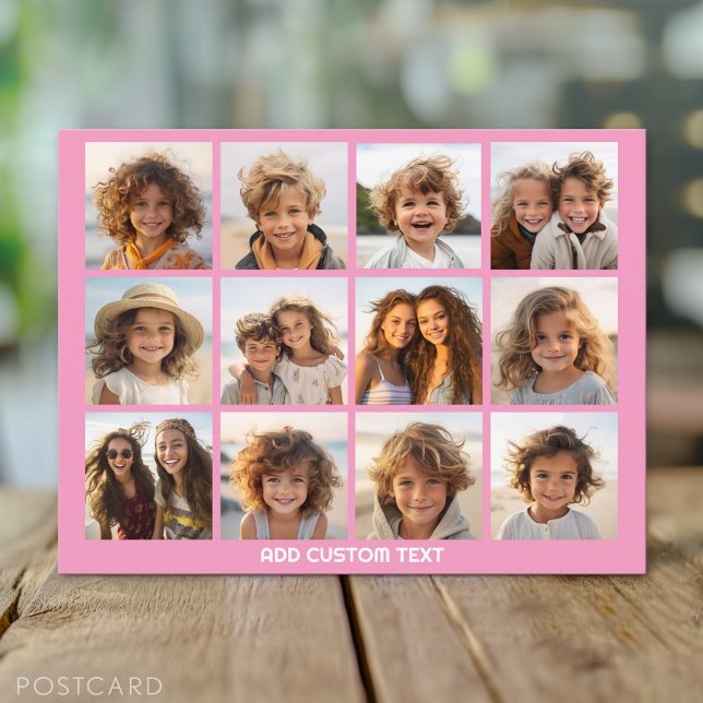 12 Photo Collage with Pink Background Postcard (Custom Personalized Photo Collage Postcard)
