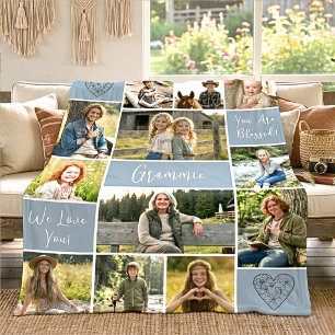 12 Photo Custom Grandma Name Blue Faith Keepsake Fleece Blanket