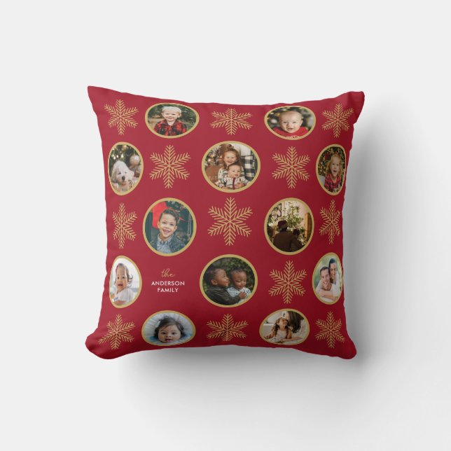 12 Photo Family Snowflake Red Vintage Christmas  Cushion (Front)
