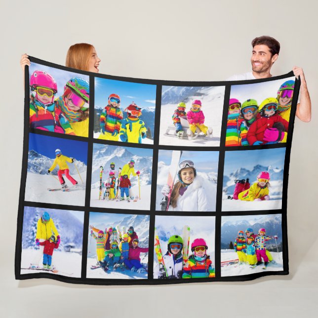 12 Photo Grid Collage Black Fleece Blanket (In Situ)