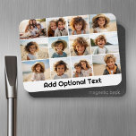 12 Photo Grid Collage - White - Mod Type Black Magnet<br><div class="desc">A simple photo grid with 3 rows and 4 columns of photos. 6 Photos are square, and the remaining 6 photos are horizontal/landscape. The design is modern and minimal and includes a simple, retro-looking font to add text at the bottom. Make personalised vacation magnets or a make a gift that...</div>