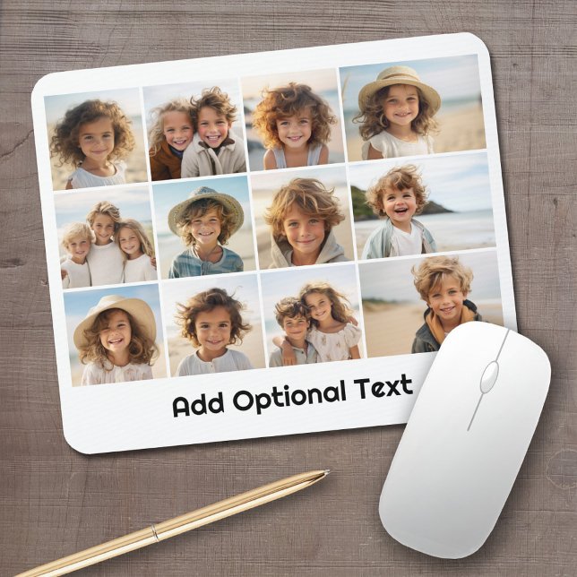 12 Photo Grid Collage - White - Mod Type Black Mouse Pad (Personalized mouse pad with your photos and text)
