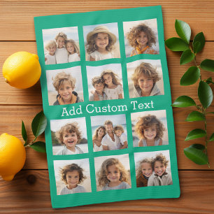 12 Photo Instagram Collage with Green Background Tea Towel