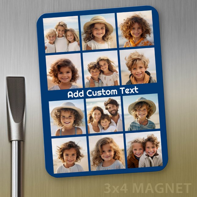 12 Photo Instagram Collage with Navy Background Magnet (Personalized refrigerator magnet with photo collage and custom text - add 12 photos to this design)