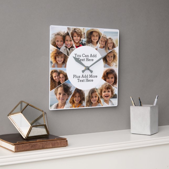 12 Photo Minimal Grid with Simple Text  Square Wal Wall Clock (Office)