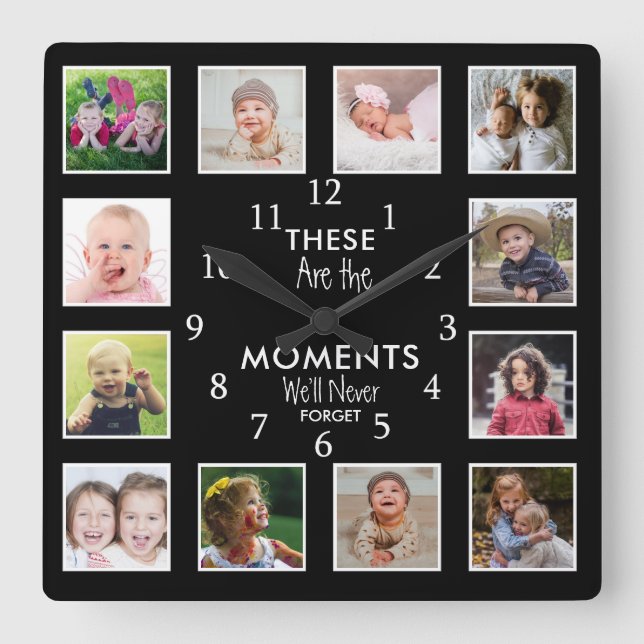 12 Photo Template Moments With Family Quote Black Square Wall Clock (Front)