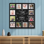 12 Photo Template Time With Family Quote Black Square Wall Clock<br><div class="desc">Custom photo clock with the inspiring family quote "Time spent with family is worth every second”. Personalise with 12 of your favourite family photos.</div>