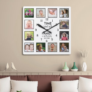 12 Photo Template Time With Family Quote White Square Wall Clock