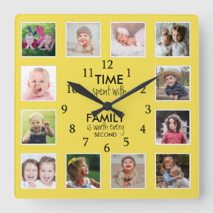 12 Photo Template Time With Family Quote Yellow Square Wall Clock