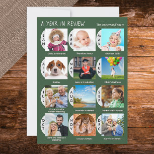 12-Photo Year Review Custom Collage Dark Green Holiday Card
