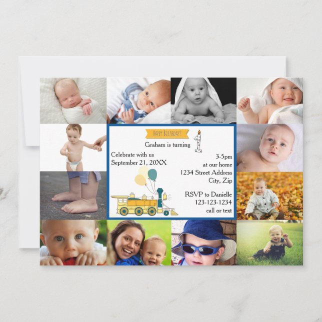 12 Photos Birthday Train Blue- Birthday Invitation (Front)