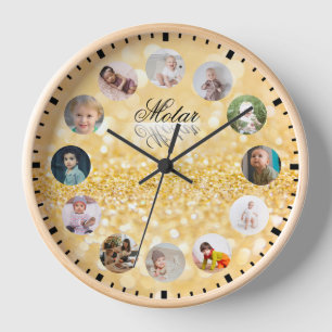 12 Photos collage Personalised Name Golden style Clock