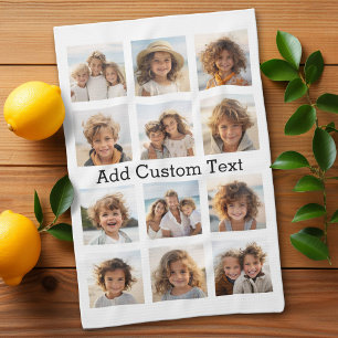 12 Photos - Modern Collage - White with Text Tea Towel