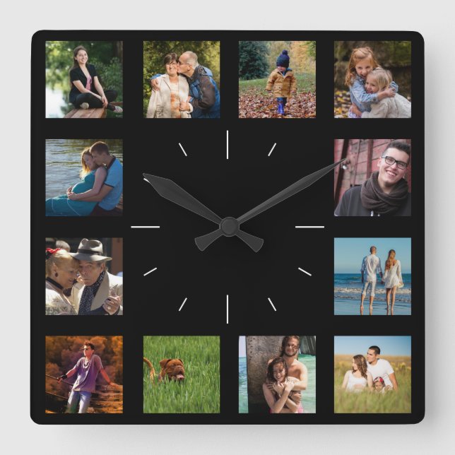 12 Picture Family Photo ✨  Collage Custom  Square Wall Clock (Front)