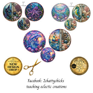 12" Rounds Stained Glass Ocean Scenes Decoupage  Wrapping Paper Sheet