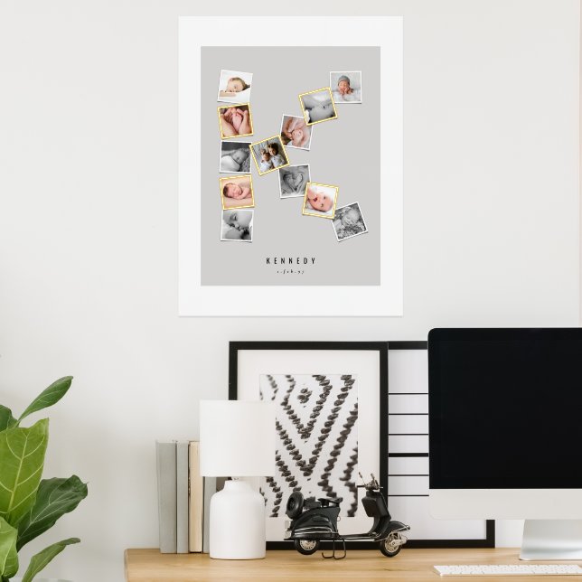 12 Snapshot Photo Collage Baby's Name Monogram K Foil Prints (In Situ (Desk))