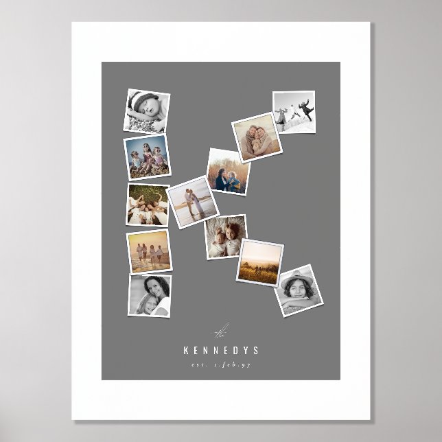 12 Snapshot Photo Collage Family's Name Monogram K Foil Prints (Front)