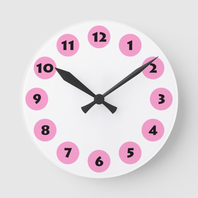 12 Spots - Black with Pink on White Round Clock (Front)