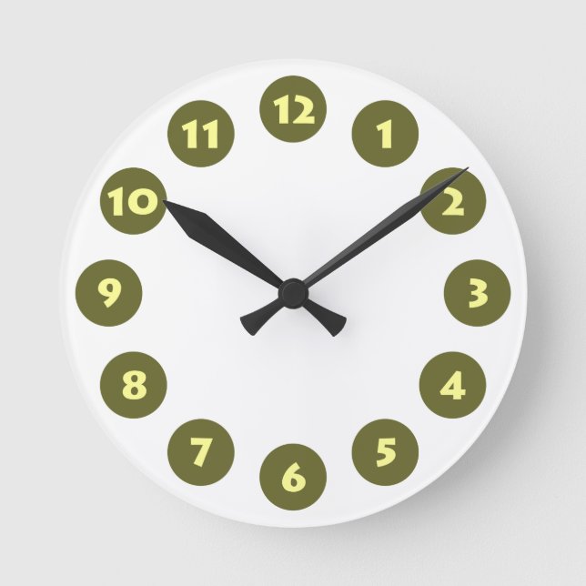 12 Spots - Pale Yellow with Dp Olive on White Round Clock (Front)