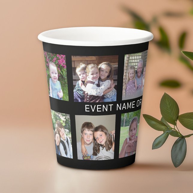 12 Square Photo Collage Grid Event or Family Name Paper Cups (Personalized Paper Cups)
