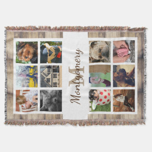12 Square Photos Family Name and Monogram Throw Blanket