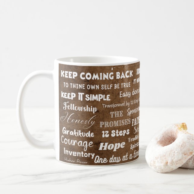 12 Step Recovery Words & Slogans Coffee Mug (With Donut)