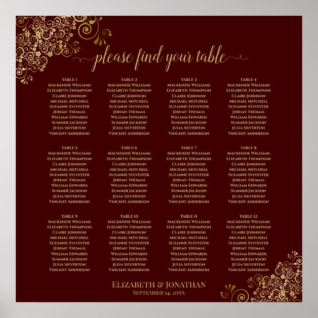 12 Table Auburn Wedding Seating Chart Lacy Gold (Front)