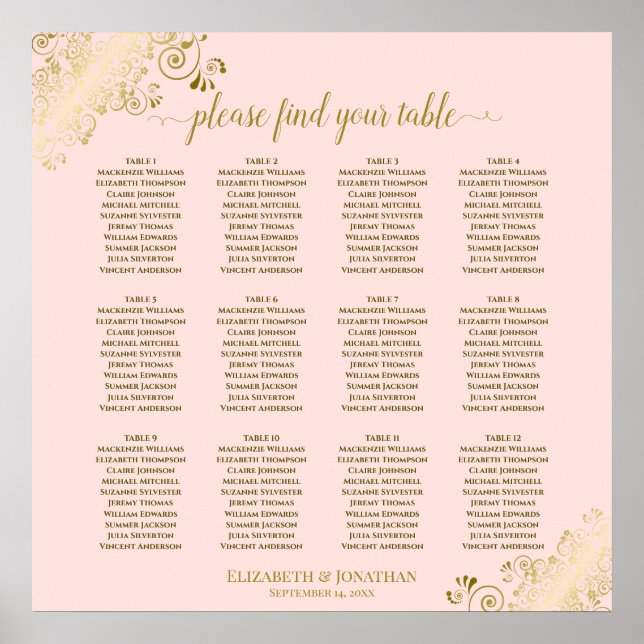12 Table Blush Pink & Gold Wedding Seating Chart (Front)