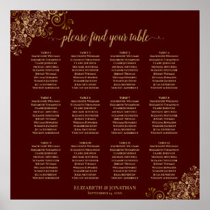 12 Table Burgundy Wedding Seating Chart Lacy Gold