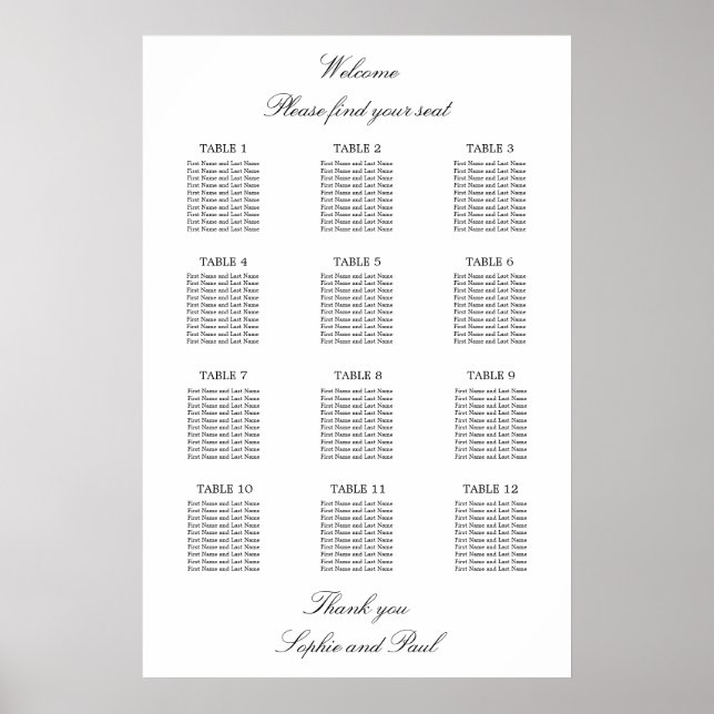 12 Table Elegant Minimalist Seating Chart (Front)
