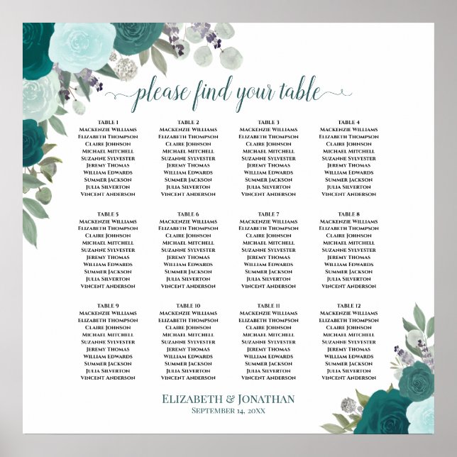 12 Table Elegant Teal Roses Wedding Seating Chart (Front)