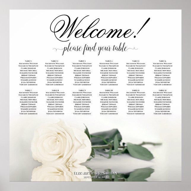 12 Table Elegant White Rose Wedding Seating Chart (Front)