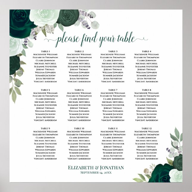 12 Table Emerald Floral Boho Wedding Seating Chart (Front)
