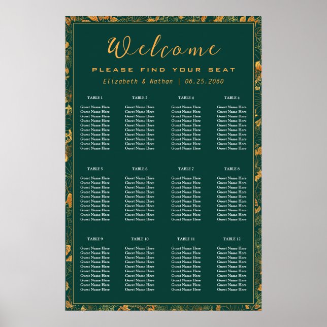 12 Table Emerald Green & Gold Floral Seating Chart (Front)