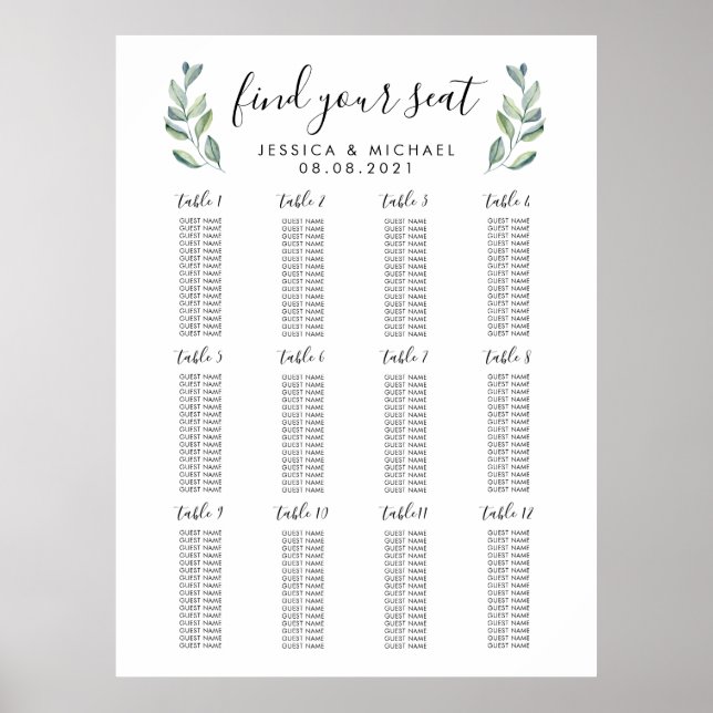 12 Table Large Wedding 192 Guests Seating Chart (Front)