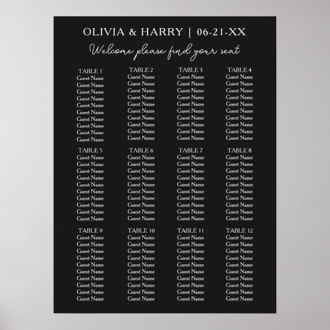 12 Table Simple Minimalist Wedding Seating Chart (Front)