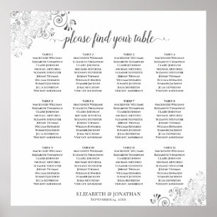 12 Table White Wedding Seating Chart Silver Frills