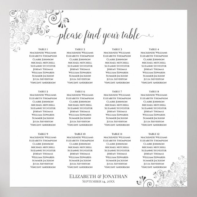 12 Table White Wedding Seating Chart Silver Frills (Front)