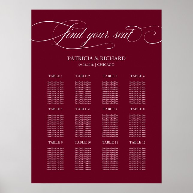 12 Tables Burgundy Marsala Wedding Seating Plan Poster (Front)