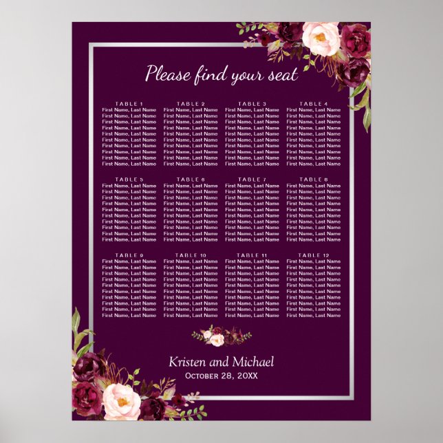 12 Tables Plum Purple Floral Wedding Seating Chart (Front)