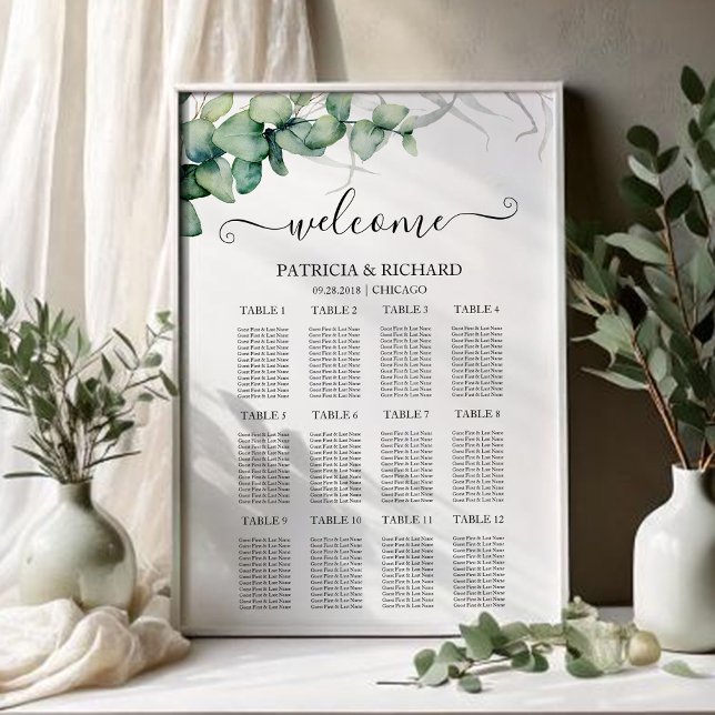 12 Tables Rustic Greenery Wedding Seating Chart (Creator Uploaded)